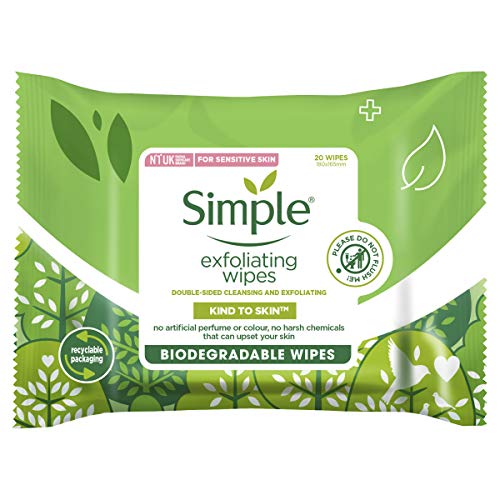 Simple Kind to Skin Exfoliating Hypoallergenic Biodegradable Facial Wipes for Sensitive Skin 20 wipes