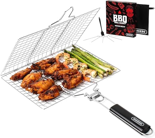 SHIZZO Grill Basket Set, Barbecue BBQ Grilling, Stainless Steel Folding Portable Outdoor Camping Rack for Fish, Shrimp, 