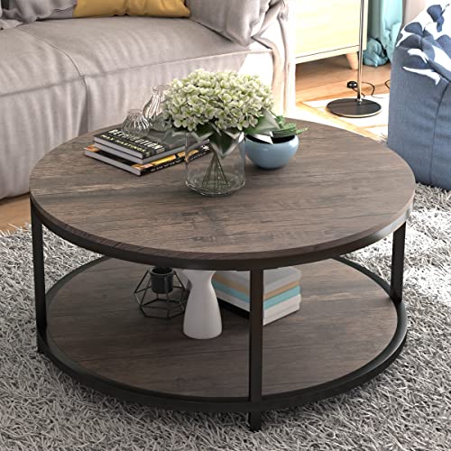NSdirect Round Coffee Table,36" Coffee Table for Living Room,2-Tier Rustic Wood Desktop with Storage Shelf Modern Design Home Furniture(Light Walnut)