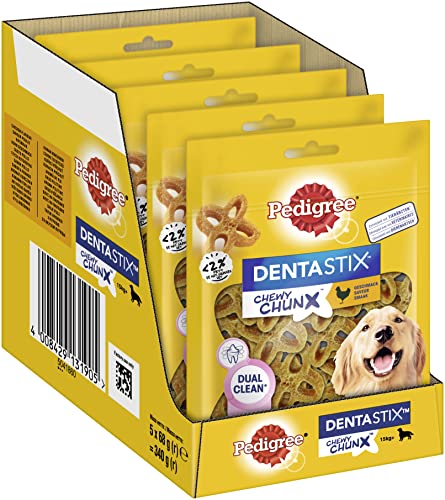 🔥 STARKER PREIS (-28%) Pedigree® Dentastix Chewy Chunx Zahnpflegesnacks für große Hunde über 15kg, mit Huhn, 5x68g