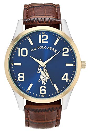 U.S. Polo Assn. Men's Analog Dress Watch with Blue Sunray Dial Gold-Tone Bezel and Brown Faux Leather Strap – Classic Quartz Timepiece Includes Box Fits Wrists 5.5"-8"