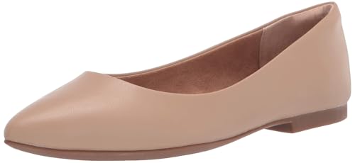 Amazon Essentials Women's Pointed-Toe Ballet Flat, Beige Faux Leather, 12 Wide