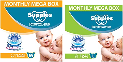 Supples Baby Diaper Pants, Monthly Mega-Box, Large, 124 Count & Baby Diaper Pants, Monthly Mega-Box, Medium, 144 Count