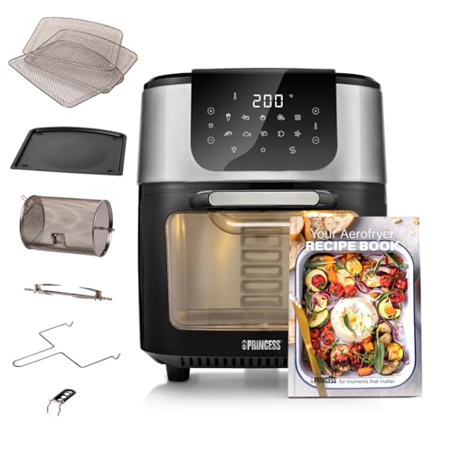 🔥 STARKER PREIS (-48%) Princess Aerofryer-Ofen DeLuxe - 11Liter Fassungsvermögen; 1800W; 65-200°C; 10 Programme; inkl. Rotierkorb, Drehspieß, 3 Backbleche, Krümmelblech, Griff, 182075, Schwarz/Silber