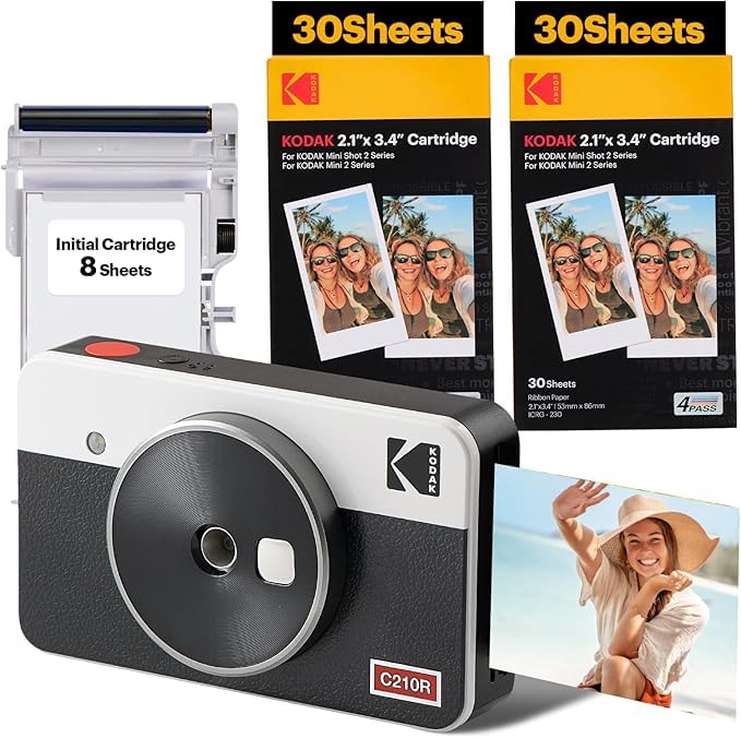 KODAK Mini Shot 2 Retro 4PASS 2-in-1 Instant Digital Camera and Photo Printer (2.1x3.4 inches) Initial 8 Sheets + 60 Sheets Bundle, White