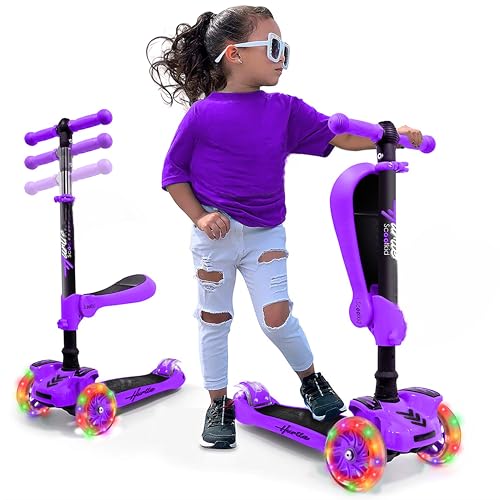 Hurtle Kids Scooter - Child Toddler Kick Scooter Toy with Foldable Seat - 3 Wheel Scooter with Adjustable Height, Anti-Slip Deck, Flashing Wheel Lights, for Boys/Girls 1-12 Year Old, Purple
