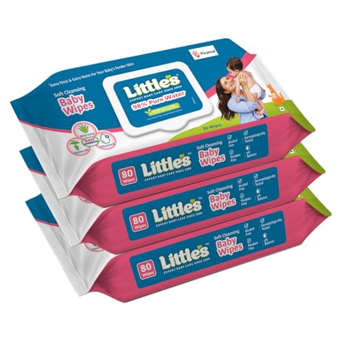 Little's Soft Cleansing Baby Wipes with Lid | 80 Wipes x Pack of 3 - 240 Wipes | Extra Thick & Moist Wet Wipes for Baby's | Prevents Rashes & Redness 