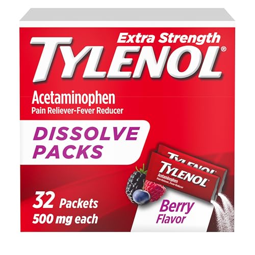 Tylenol Extra Strength Dissolve Powder Packs, 500 mg Acetaminophen Pain Reliever & Fever Reducer Medicine, Fast Relief for Minor Aches & Pains, Ibuprofen- & Aspirin-Free, On-the-Go Berry Flavor, 32 Ct