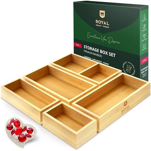 ROYAL CRAFT WOOD 5-Piece Bamboo Drawer Organizer Set – Multi-Use Storage Trays for Kitchen, Bathroom, Office, Makeup, 
