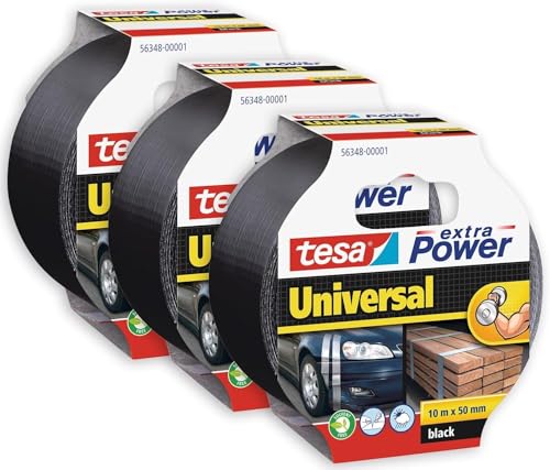 (-38%) tesa Extra Power Universal Gewebeband - Klebeband mit extra starkem Halt - vielseitiges Duct Tape für Reparaturen, zum Befestigen, Abdichten und mehr - Schwarz - 3 Rollen - 10 m x 50 mm