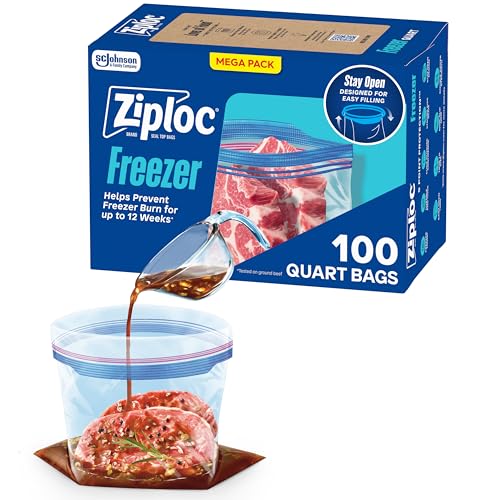 Ziploc Quart Food Storage Freezer Bags, Stay Open Design with Stand-Up Bottom, Easy to Fill, 100 Count
