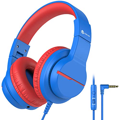 iClever Kids Headphones for School Travel, Safe Volume Limited, HD Mic Stereo Sound Over-Ear Girls Boys Headphones for K