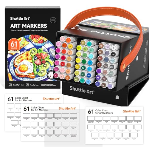 Shuttle Art 61 Colors Alcohol Markers, 60 Colors Dual Tip Art Marker Set Plus 1 Colorless Blender with Marker Case Perfect for Illustration Students Adult Coloring Sketching