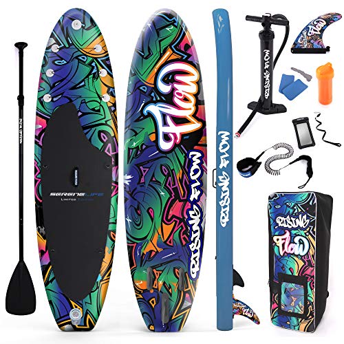 SereneLife Inflatable Stand Up Paddle Board with Premium SUP Accessories – Wide Stable Design with Non-Slip EVA Deck P