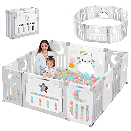 Baby Playpen, Dripex Baby Playard for Babies and Toddlers, 14-Panel Foldable Playpen Adjustable Portable Play Area, Indoor/Outdoor Kids Active Center with Game Panel & Safety Gate, Grey White