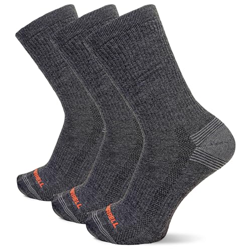 Men's Merrell Cushioned with Repreve Hiker Crew Socks 3 Pair, Black Heather, M/L (Men's Shoe Size: 9.5-12) (MEA33524C3U2001)