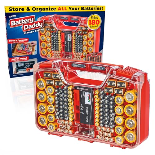 Ontel Battery Daddy Storage & Organizer Case with Tester, Stores & Protects Up to 180 Batteries, Double-Sided, Durable Design with Clear Locking Lid, Secure Latches & Portable Carrying Handle - Red