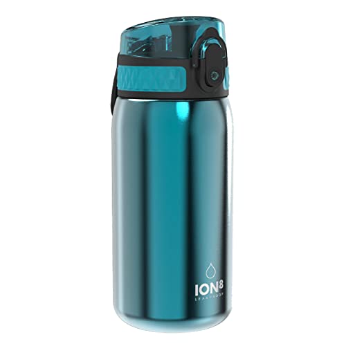 ION8 Lichtgewicht Stalen Kinderwaterfles, 400 ml/13 oz, Zonder Isolatie, Lekvrij, Makkelijk te Openen, Veilige Vergrendeling, Vaatwasserbestendig, Flipdop, Draaggreep, Duurzaam, Aqua