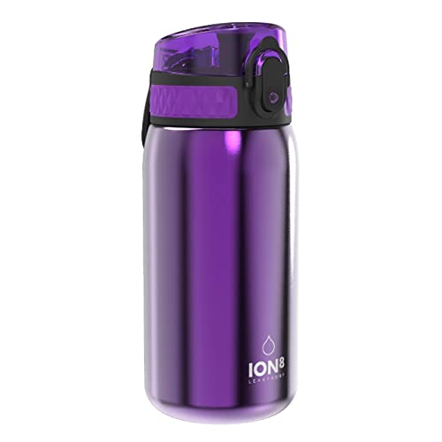 ION8 Lichtgewicht Stalen Kinderwaterfles, 400 ml/13 oz, Zonder Isolatie, Lekvrij, Makkelijk te Openen, Veilige Vergrendeling, Vaatwasserbestendig, Flipdop, Draaggreep, Duurzaam, Paars