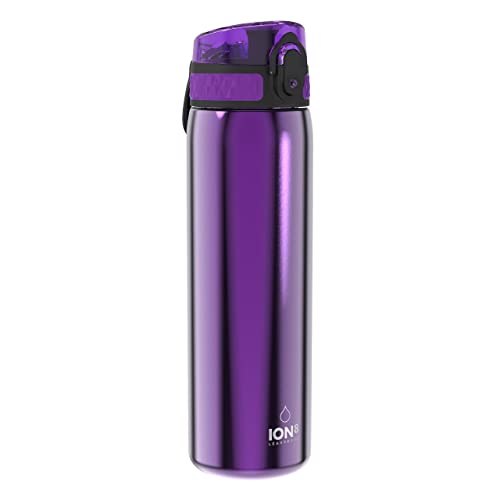 ION8 Lichtgewicht Stalen Kinderwaterfles, 400 ml/13 oz, Zonder Isolatie, Lekvrij, Makkelijk te Openen, Veilige Vergrendeling, Vaatwasserbestendig, Flipdop, Draaggreep, Duurzaam, Paars