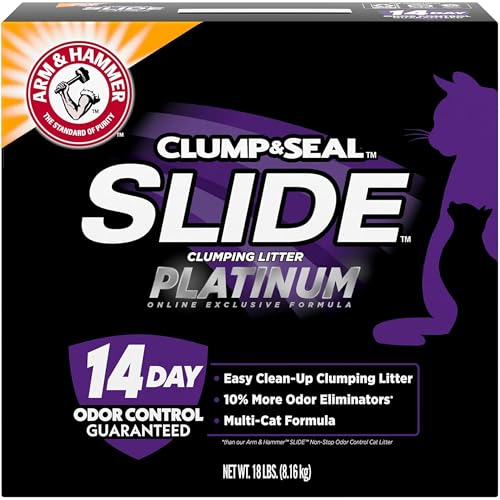 ARM & HAMMER Clump & Seal SLIDE Platinum Multi-Cat Clumping Cat Litter, 14-Day Odor Control, EZ Clean Technology, 18 lbs – No Scrubbing, Powerful Odor Eliminator