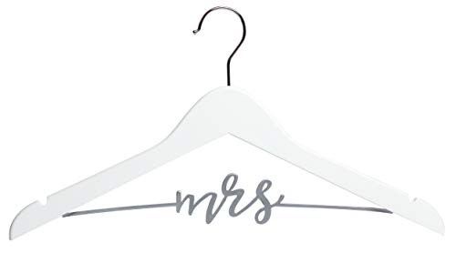 Pearhead Mrs. Wedding Dress Hanger – Elegant Wooden Bridal Keepsake with Cursive Wire Lettering, Perfect Photo Prop and Gift for Bride, White and Silver