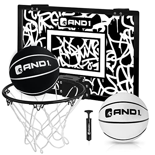 AND1 Over The Door Mini Hoop: - 18”x12” Pre-Assembled Portable Basketball Hoop with Flex Rim, Includes Two Deflated 5” Basketball – White/Black (5A1GT0110W0E2)