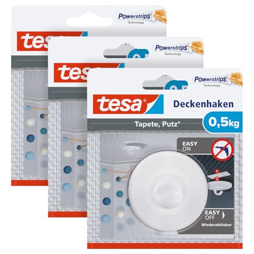 (-49%) tesa Deckenhaken Tapeten & Putz - 0,5 kg - 3 Haken inkl Powerstrips