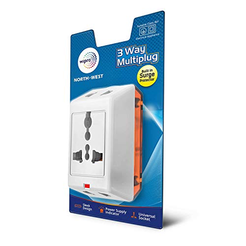 Wipro 3 Way Multiplug Adaptor with 1 Universal Sockets |Inbuilt Surge Protection & Power supply Indicator | Compact & Light weight | 6Amp Multiplug so