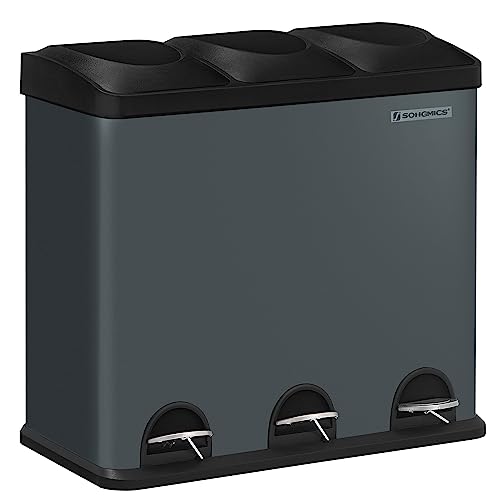 SONGMICS Mülleimer für die Küche, Treteimer mit 3 Fächern, 3 x 18 Liter