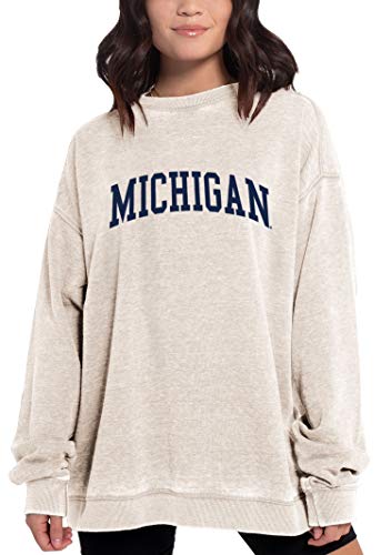 Chicka-d NCAA Michigan Wolverines Womens Burnout Fleece Pullover, Oatmeal, Large