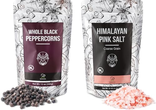Soeos Whole Black Peppercorns 12oz + Himalayan Pink Salt 2lb, Salt and Pepper for Grinders, Black Peppercorn Refil, Pink Himalayan Sea Salt, 2 Piece Set