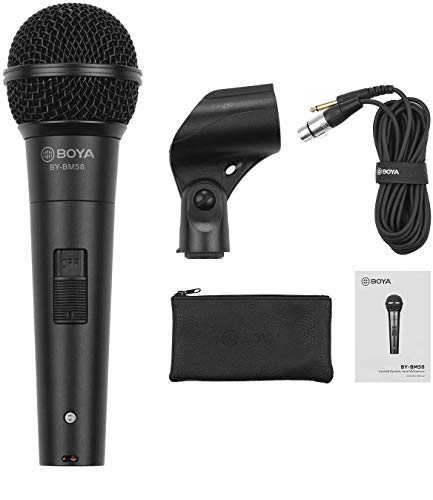 BY-BM58 Professional Cardioid Dynamic Microphone with 5 metre XLR Cable, Microphone Mount & Carrying Bag. Inbuilt pop Filter. for Vocal or Singing Rec