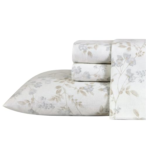 Laura Ashley - Flannel Sheets Queen Size, Anti-Pilling & Wrinkle Resistant Cotton, Touchably Soft for All-Season Comfort - Bed Sheets with Matching Pillowcases & Fitted Sheet (Fawna Grey)