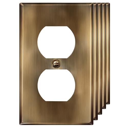 ENERLITES Duplex Receptacle Outlet Metal Wall Plate, Stainless Steel Outlet Cover, Corrosion Resistant, Standard Size 1-Gang 4.50" x 2.76", Stainless Steel 201, 7721-AB-5PCS, Antique Brass, 5 pack