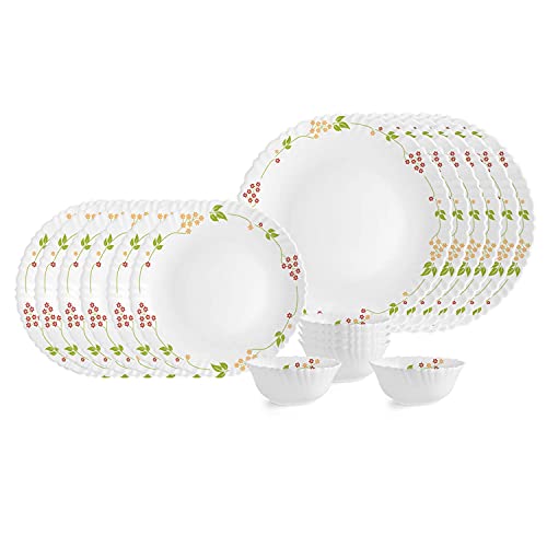 CELLO Secret Garden Dazzle Series Opalware Dinner Set of 18 Pieces for Family of 4 | Bone-Ash Free & Leadfree Opal Glass, Microwave & Dishwasher Safe,