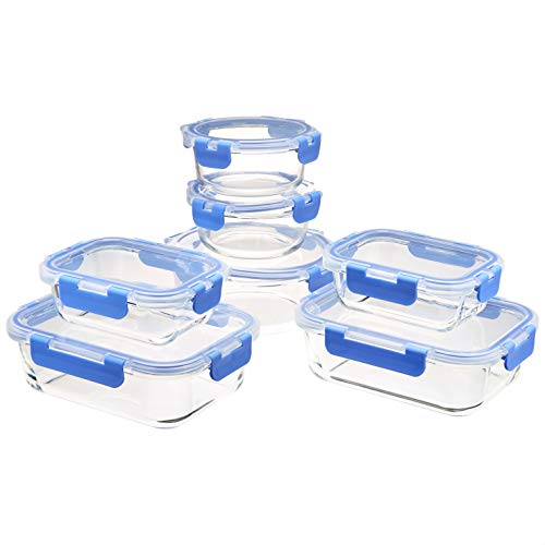 Amazon Basics Glass Food Storage Containers with Locking Lids, Set of 7, 14 Pieces Including Lids, BPA-Free, Clear with 