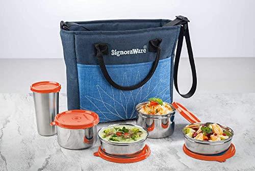 Signoraware Officier Steel Lunch Box with Blue Bag, Set of 5, 380 Ml+ 380 Ml+ 500 Ml+ 500 Ml+ 370 Ml, Red Signoraware Officier Steel Lunch Box with Bl