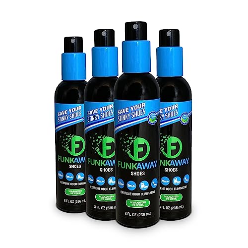 FunkAway Odor Eliminating Spray for Shoes, Skates, Work Boots & More, 8 oz., 4 Pack, Extreme Odor Eliminator, Perfect for Stinky Stuff You Can't Put in the Wash