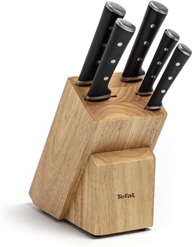 Tefal Ice Force Messerblock aus Holz, 5 Messer, Brotmesser 20 cm, Chefmesser, Santokumesser 18 cm, Gemüsemesser 11 cm, Tranchiermesser 9 cm, Edelstahl