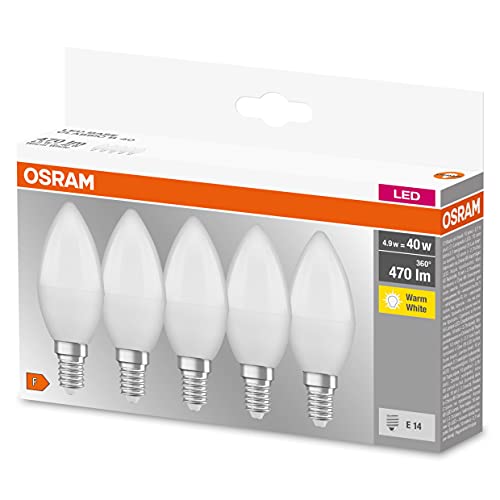 (-38%) Osram LED BASE Classic B40, matte Filament LED-Lampen aus Glas für E14 Sockel, Kerzenform, Warmweiß (2700K), 806 Lumen, Ersatz für herkömmliche 40W-Glühbirnen, 5er-Box