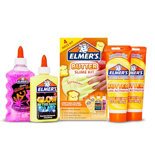 Elmer’s Butter Slime Kit Includes, Glow in the Dark Glue, Glitter Glue, Butter Slime Activator 4 Count.