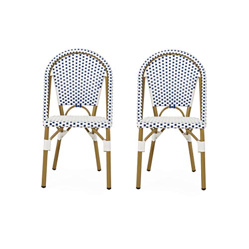 Christopher Knight Home Philomena Outdoor French Bistro Chair (Set of 2), Blue + White + Bamboo Print Finish