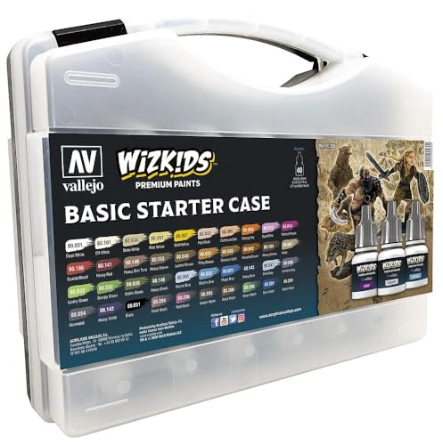 Vallejo - Wizkids Basic Starter Case | Game Color | Premium Acrylic Paint Set for Modeling Painting | Colors and Washes Assortment | 40 bottles x 8 ml (0.27 fl.oz) and a Round Synthetic Brush Included
