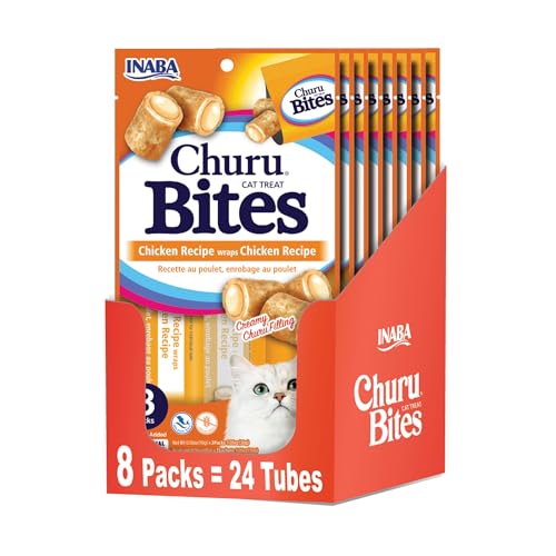 INABA Churu Bites for Cats, Soft Baked Chicken Churu Filled Cat Treats with Vitamin E, 0.35 Ounces Each Tube, 24 Tubes Total (3 per Pack), Chicken Recipe