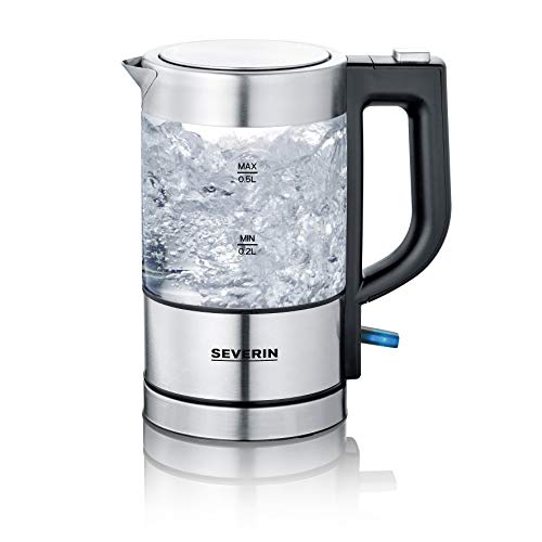 (-42%) SEVERIN Mini Glas Wasserkocher 0,5 L, leistungsstark und kompakt in hochwertigem Design, elektrischer Wasserkocher mit Kalkfilter, Edelstahl/schwarz, WK 3472