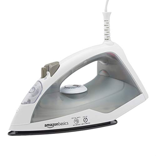 Amazon Basics 1200W 10” Steam Iron, With Non-Stick Teflon Soleplate, 5 Fl Oz Water Tank (150 ML), Auto Shut-Off, Anti-Drip, Anti-Calcification, Thermostat, 6.5Ft Cord, Gray