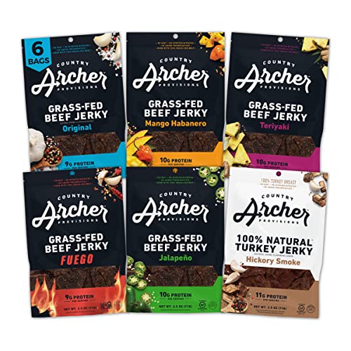 Country Archer Grass-Fed Beef Jerky Variety Pack- Beef Jerky Snack Packs, Beef Jerky Assortment, Jerky Sampler, Original, Mango Habanero, Teriyaki, Fuego, Hatch Chile, Turkey Jerky- 2.5 oz (Pack of 6)