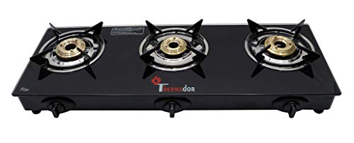 Thermador EcoFlame Gas Stove 3 Burners Auto Ignition | Brass Plated Burners | 3 Burner Gas Stove Glass Top | LPG Compatible | ISI Certified | 1 Yr Man