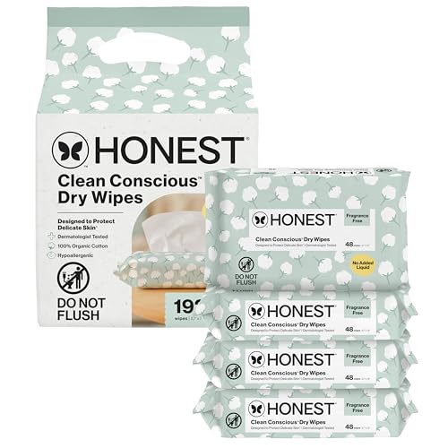 The Honest Company 100% Pure Organic Cotton Dry Wipes, Multi-Use Disposable Facial Cloths and Baby Wipes, Hypoallergenic and Gentle on Skin, 192 Count